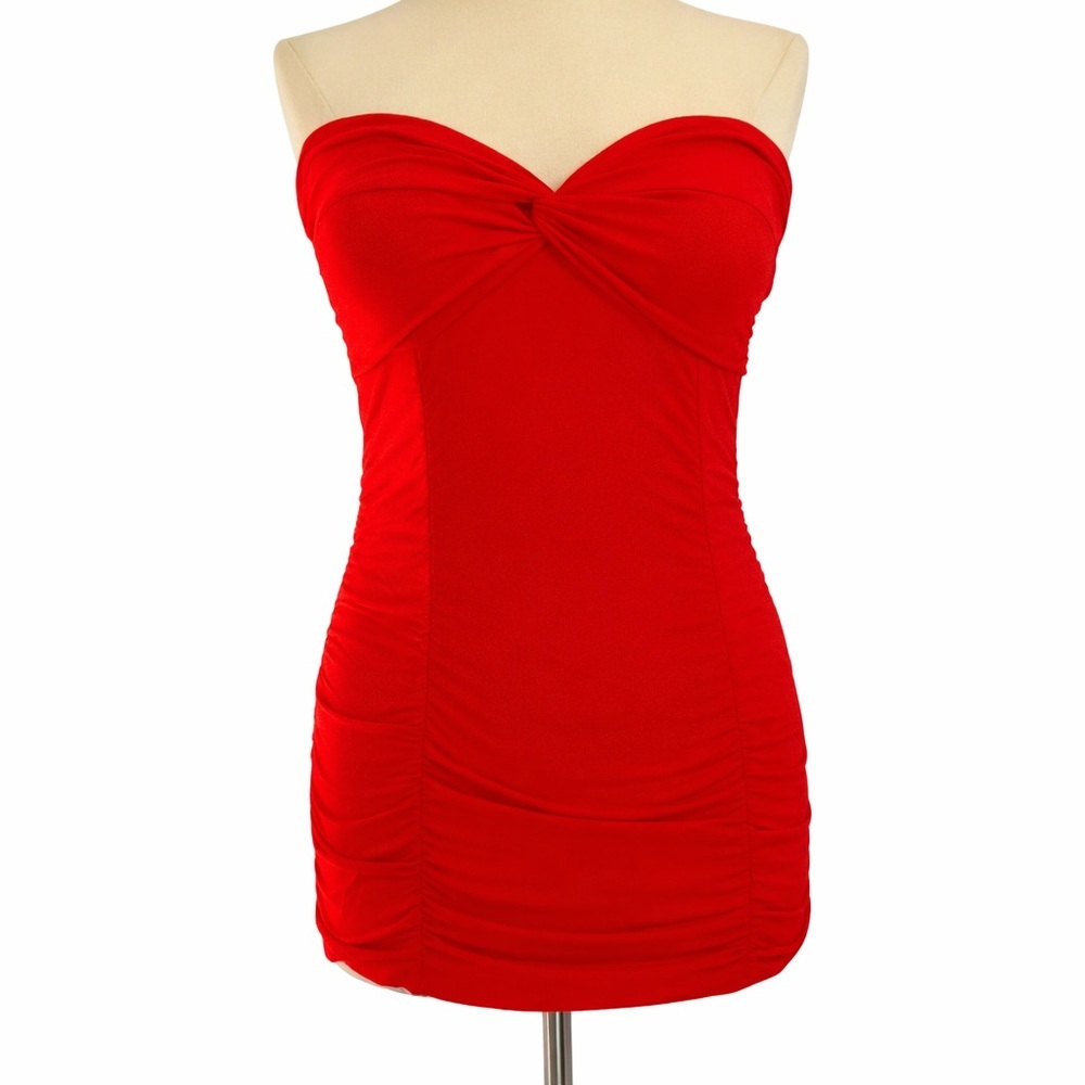 Bebe Red Strapless Ruched Bodycon Top Sweetheart Neck Size L